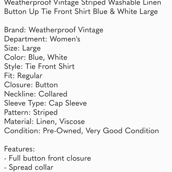 Weatherproof Vintage Striped Washable Linen Tie Front Shirt Blue & White Large - Picture 11 of 11